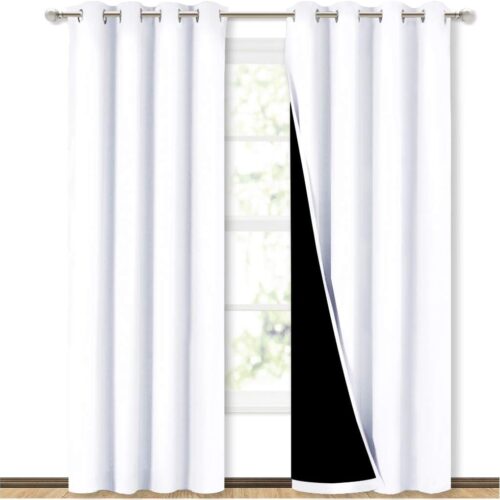 100% Blackout Window Curtain Panels with Black Liner for Nursery, 84 Inch Drop Thermal Insulated Draperies, White, 2 Panels