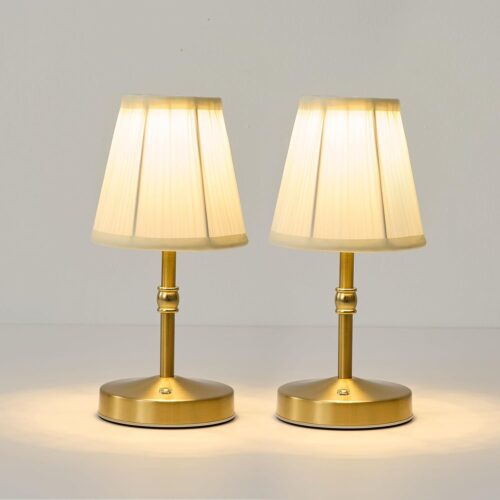 Cordless Mini Rechargeable Table Lamps with 3000 mAh Battery, 3 Color Temperature Dimmable Fabric Lamps for Kitchen Counter and Dinner, Gold, 2 Pack