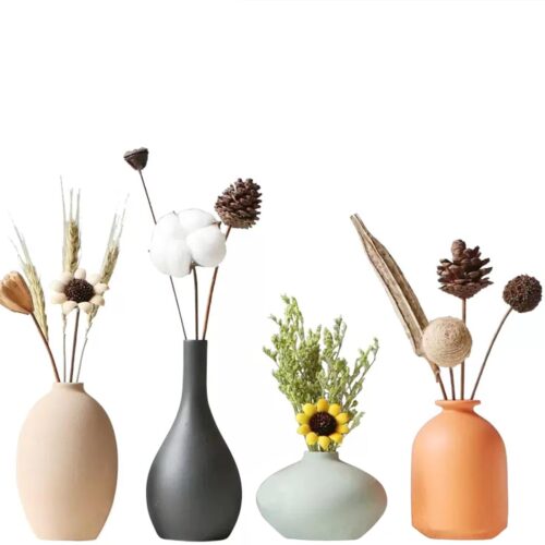 Small Ceramic Vase Set of 4 for Modern Home Decor, Minimalist Bohemian Round Matte Vases for Dried Flowers and Pampas Grass, Office Shelf Living Room Bedroom Entryway Accent
