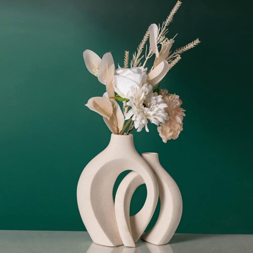 Off White Hollow Ceramic Vase Set of 2, Round Modern Nordic Minimalist Donut Boho Vases for Bookshelf Shelf Decor and Entryway Coffee Table, Trendy Home Accent