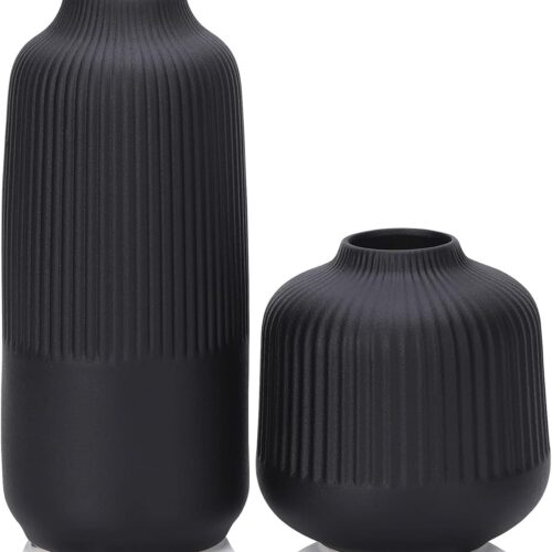 Large Matte Black Ribbed Ceramic Flower Vase Set of 2 for Home Decor, Classic Nordic Style for Fresh and Dried Flowers and Pampas Grass, Office Shelf Decor, 10 Inch