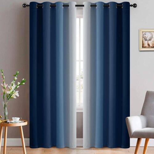 Ombre Room Darkening Gradient Color Curtains for Bedroom, Light Blocking Thermal Insulated Window Drapes for Living Room, Blue to Greyish White, 52 by 84 Inch, 2 Panels