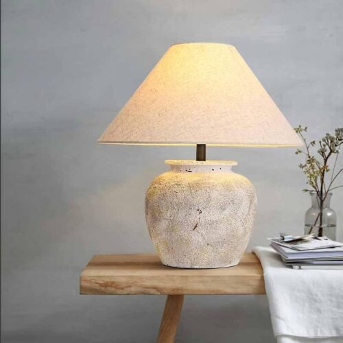 Rustic Farmhouse Crock Pot Ceramic Table Lamp with Southwest White Body and Off-White Fabric Lampshade, Bedside Nightstand for Living Room Bedroom and Home Office