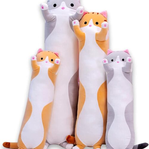 Cute Long Cat Body Pillow and Cartoon Plush Toy for Children and Girls, Gray, 19 Inch