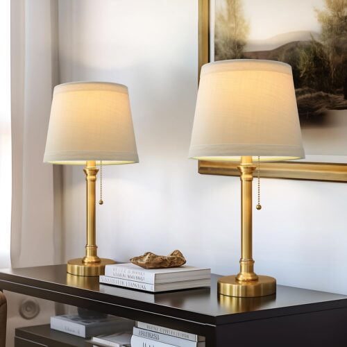 Modern Gold Brass Table Lamp Set of 2 for Bedroom and Living Room, Traditional Bedside Desk Nightstand Buffet Candlestick Lamps with White Drum Shade, 19.5 Inch