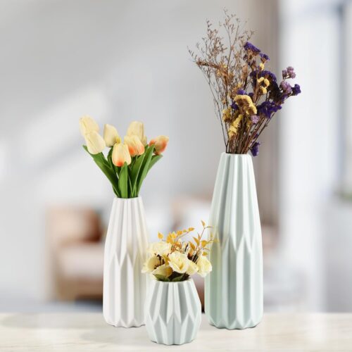 Ceramic Vases for Home Decor Set of 3, Elegant Modern Design Decorative Flower Vases in Versatile Sizes, Off White and Light Green for Entryway and Living Room