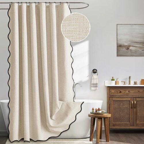 Linen Textured Heavy Duty Waterproof Shower Curtain with Metal Hooks, Neutral Thick Cloth with Black Border for Bathroom, Beige, 72 by 72 Inch