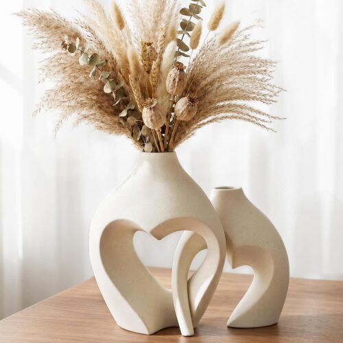 White Ceramic Heart Shaped Flower Vase Set of 2, Boho Minimalist Decorative Vases for Coffee Table Centerpiece Wedding Dining Living Room Office Decor