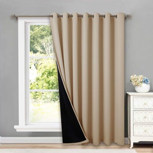 100% Blackout Slider Curtain Panel with Black Lining, Noise Reducing Thermal Drapes for Patio Doors, Biscotti Beige, 100 Inch by 84 Inch