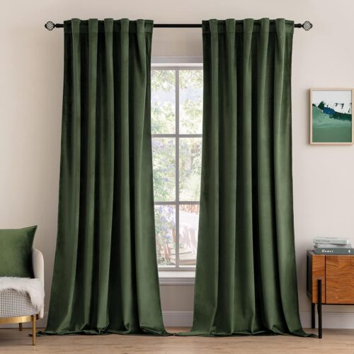 Luxury Velvet Blackout Curtains for Bedroom and Living Room, Thermal Insulated Super Soft Window Drapes with Rod Pocket and Back Tab, Olive Green, 84 Inch, 2 Panels