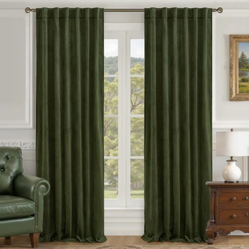 Luxury Velvet Thermal Insulated Blackout Curtains for Living Room and Bedroom, Room Darkening Back Tab and Rod Pocket Window Drapes, Olive Green, 52 by 84 Inch, 2 Panels