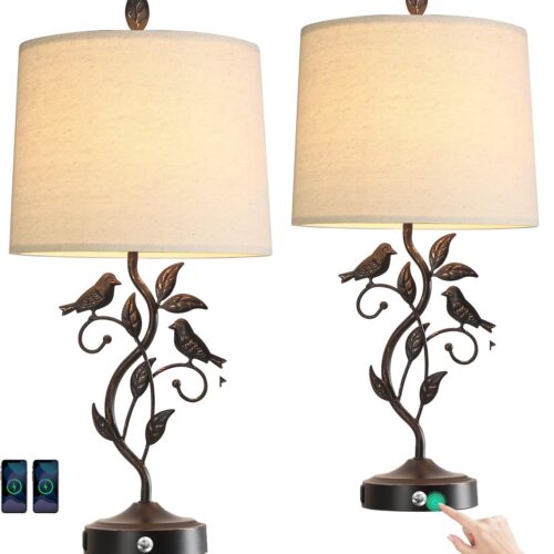 Touch Farmhouse Table Lamps Set of 2 with 3-Way Dimmable Function and 2 USB Ports, Vintage Rustic Iron Leaf Nightstand Lamp for Bedroom, Bronze, 27 Inch