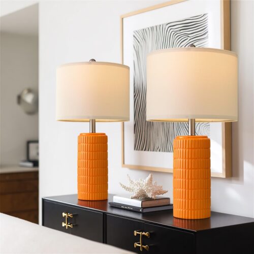 Orange Ceramic Table Lamps for Living Room Set of 2, Modern End Table Lamps for Bedroom and Contemporary Nightstand Decor, 23 Inch