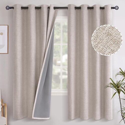 Linen 100% Blackout Curtains for Bedroom, Beige Thermal Insulated Grommet Drapes for Farmhouse Windows, 72 Inch Length, 2 Panels