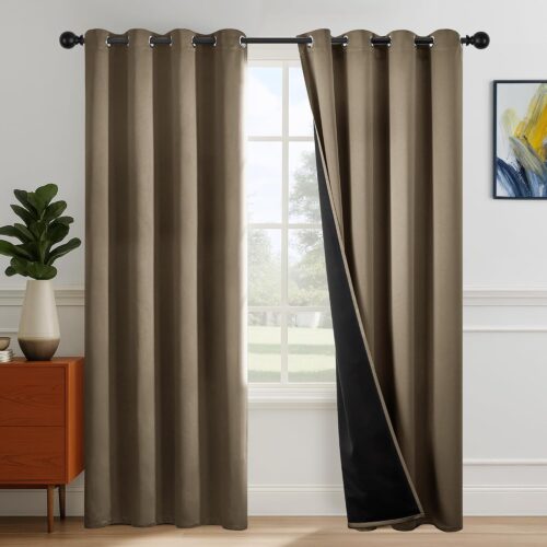 100% Blackout Grommet Curtains with Black Backing and Thermal Insulation for Bedroom and Living Room, Khaki, 52 by 84 Inch, 2 Panels