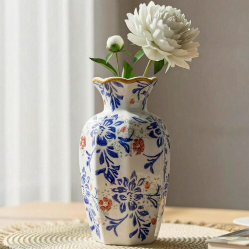 Vintage Chinoiserie Blue and White Ceramic Flower Vase, Porcelain Decorative Antique for Living Room Kitchen Bedroom Table Centerpiece, 9.5 Inch