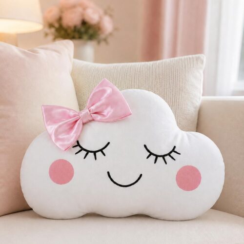 Cute Cloud Throw Pillow with Pink Bow, Dutch Velvet Fabric for Sofa Bed Chair and Car Headrest, 13.8 by 8.7 Inch