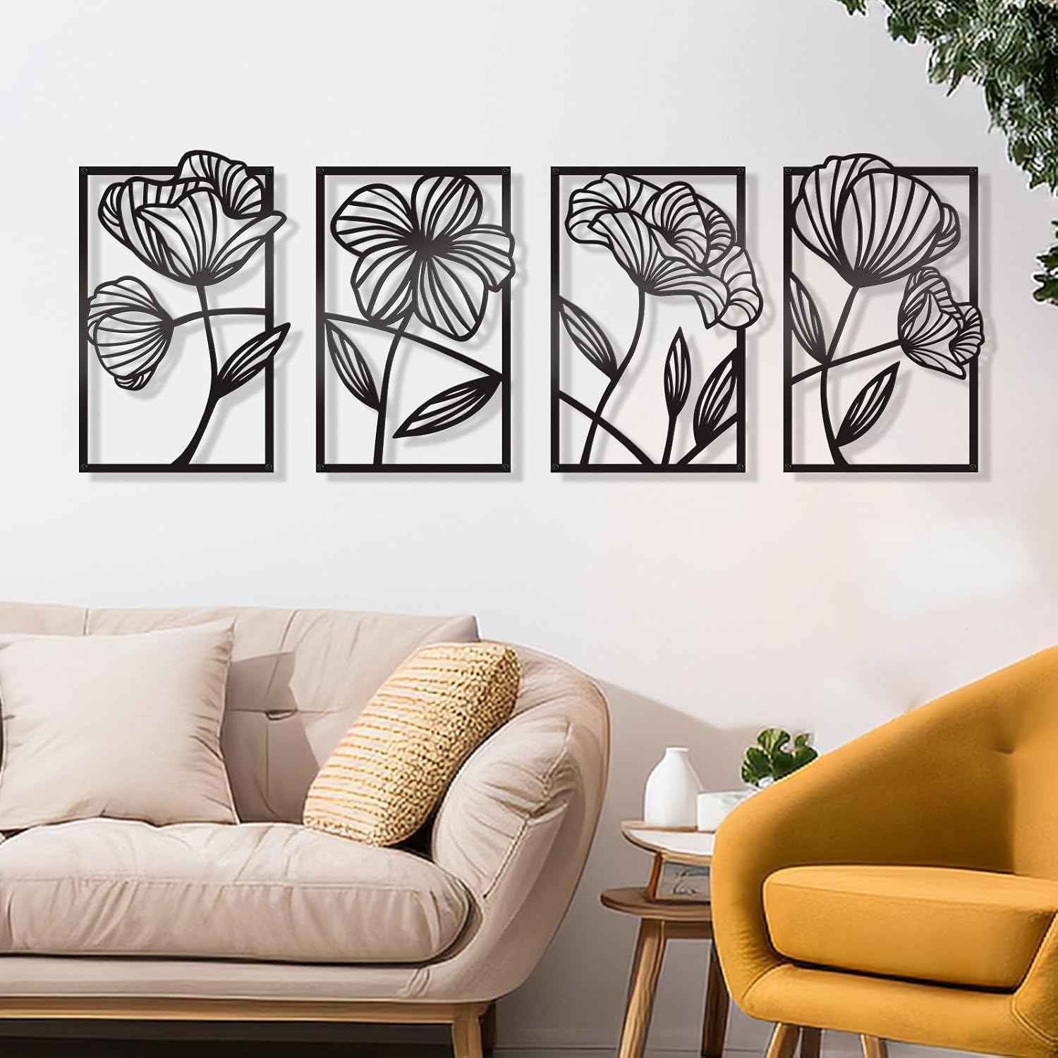 Metal Flower Wall Art Set, Minimalist Line Decor