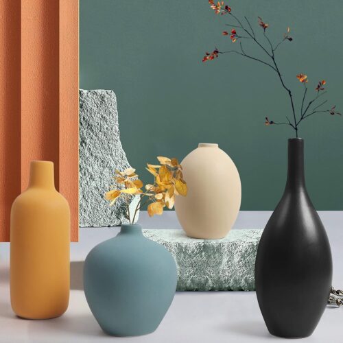 Ceramic Vase Set of 4, Small Vases for Dried Flowers and Pampas Grass, Modern Farmhouse Morandi Color Ceramics for Table Centerpieces and Home Decor, Black