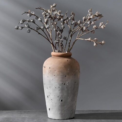 Large Ceramic Rustic Vase, Minimalist Decorative Farmhouse Tall Vase for Living Room Shelf Entryway and Table Decoration, Brown, 11 Inch