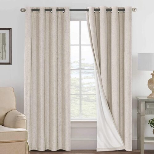 Linen Texture 100% Blackout Curtains for Bedroom, Full Light Blocking Grommet Drapes for Living Room, 84 Inch, Natural, 2 Panels