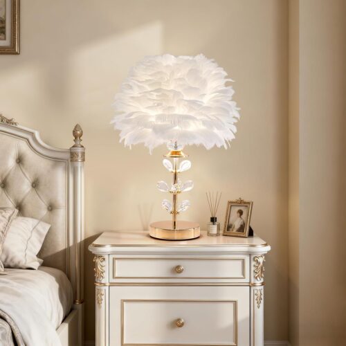 Fluffy Feather Table Lamp for Kids Bedside and Teen Girls Bedroom, Modern Desk Light for Living Room Entryway Study and Wedding Decor, White