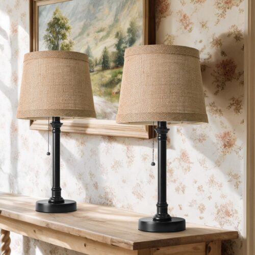 Table Lamps Set of 2 with Pull Chain Switch, Farmhouse Nightstand Lamp with Natural Shade for Living Room Bedroom Home Office and Nursery, 19.5 Inch