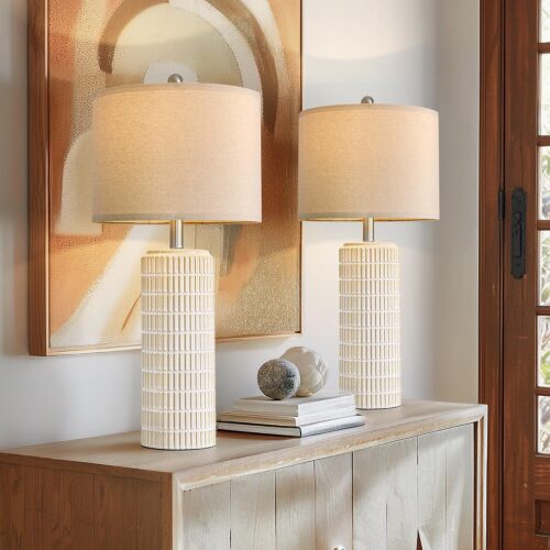 Ceramic Table Lamps for Living Room Set of 2, Modern Bedside Lamps for Nightstands and End Tables, Gold and White, 27.5 Inch Tall