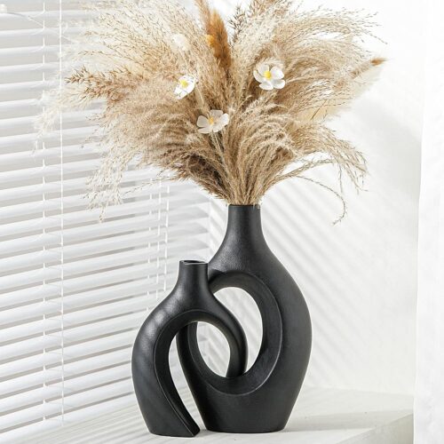 XL Black Ceramic Vase Set of 2 for Modern Home Decor, Neutral Boho Round Donut Pampas Grass Vases with Nordic Aesthetic for Coffee Table Fireplace and Bookshelf, 11.1 Inch