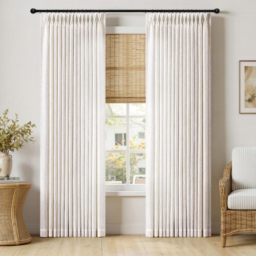 Pinch Pleated Thick Linen Curtains for Living Room and Bedroom, Memory Trained Drapes with Back Tab, Light Filtering Natural Ivory, 90 Inch Long, 2 Panels