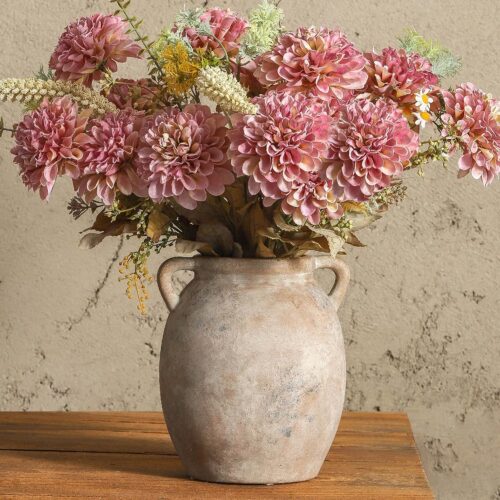 Whitewashed Farmhouse Rustic Ceramic Flower Vase, Decorative Pottery Terracotta Vase for Table Mantel Fireplace Living Room Bathroom Wedding Centerpiece, 7.6 Inch