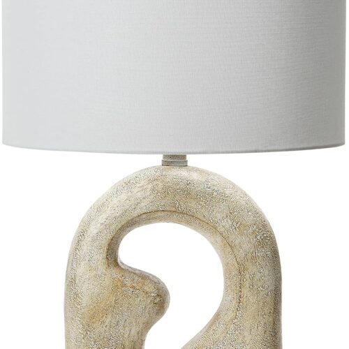 Sculptural Table Lamp with Drum Shade and Distressed Natural Finish, Modern Design