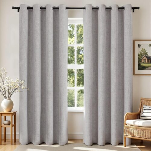 Linen Blackout Curtains for Bedroom, Light Blocking Grommet Drapes for Living Room, Thermal Insulated Room Darkening Privacy Panels, 84 Inch Long, 2 Panels