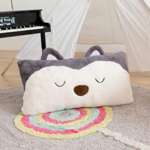 Animal Shaped Lumbar Pillow with Ultra Soft Plush Cover, Cute Fox Design, Grey and Ivory, 12 by 24 Inch