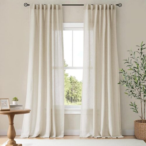 Thick Flax Semi Sheer Privacy Curtains with Light Filtering, Rod Pocket and Back Tab Linen Drapes for Windows, Natural, 55 by 84 Inch, 2 Panels