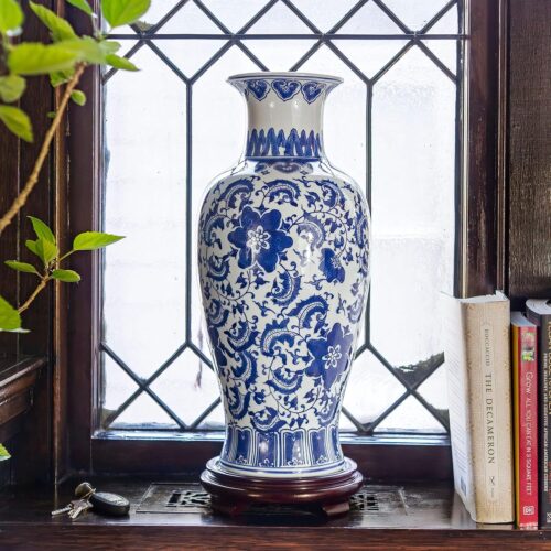 Blue and White Floral Porcelain Fishtail Vase for Home Decor, 18 Inch